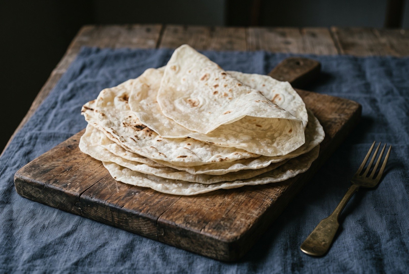 Rukhal, paper-thin saj-baked flatbread: a loose stack of pale, almost translucent flatbreads, faint brown blister marks scattered across their surface, one folded back to show its thinness.
