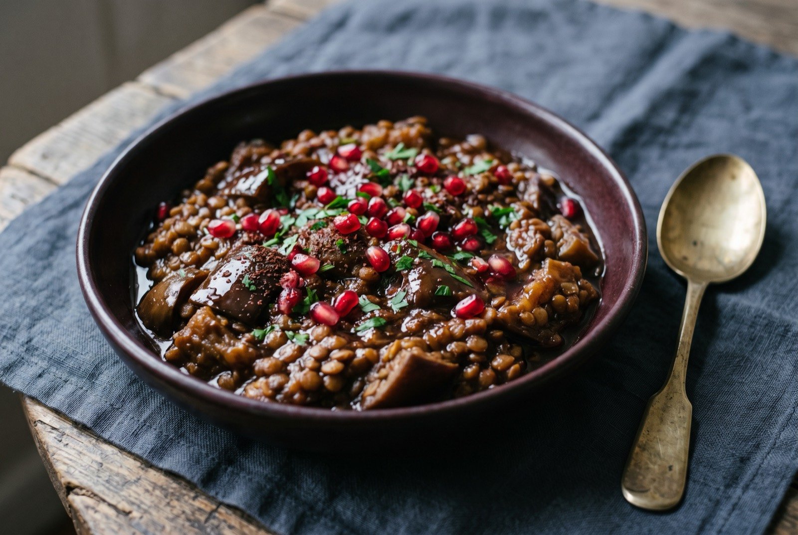 Rummaniyeh, coastal Palestine's lentil, aubergine and pomegranate stew: a dark maroon stew in a shallow bowl, soft collapsed aubergine and brown lentils beneath a glossy pomegranate molasses sheen.