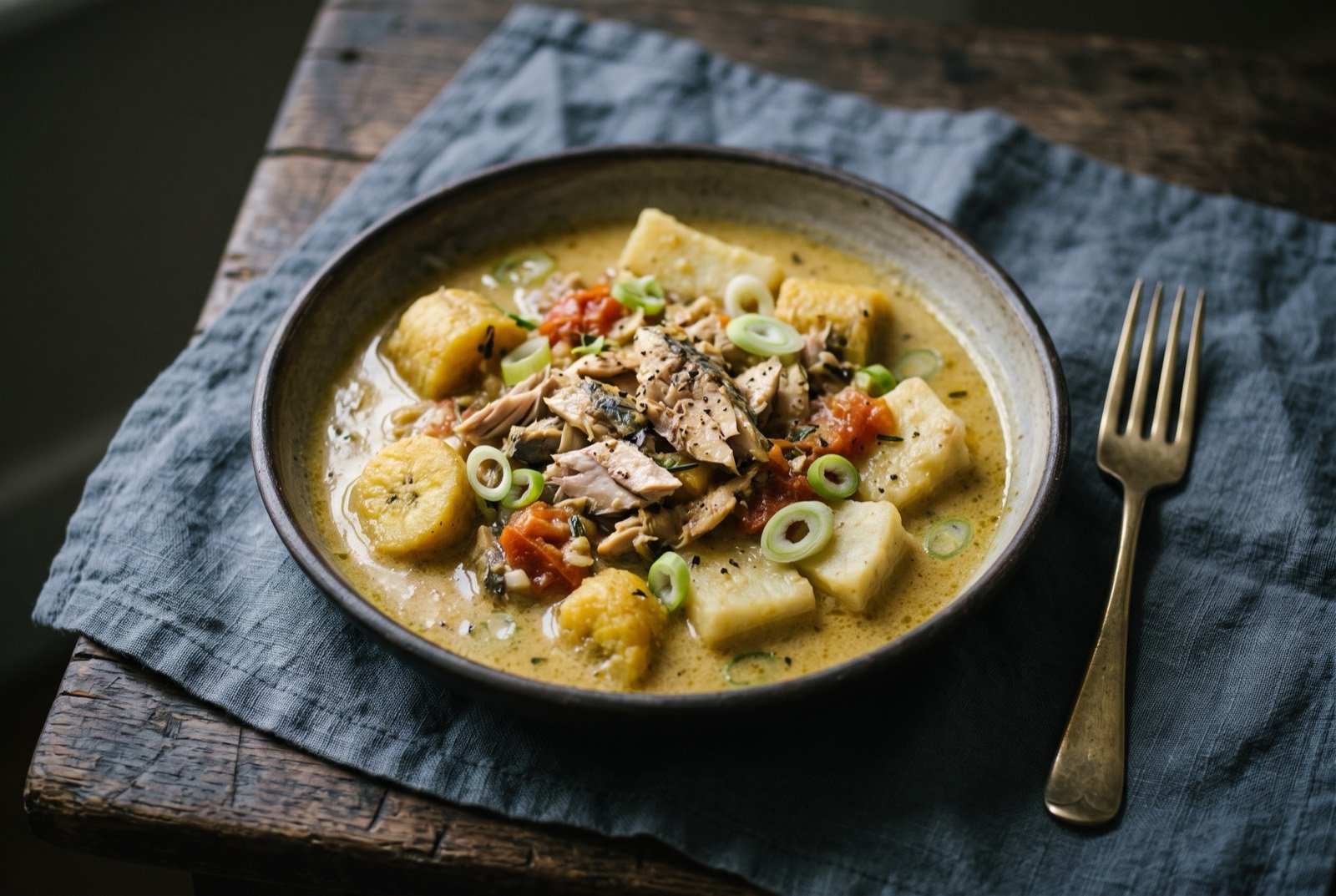 Rundown, fish poached in reduced coconut milk: flaked salted mackerel and chunks of plantain and yam sitting in a thick, oily, pale golden coconut sauce in a shallow bowl.