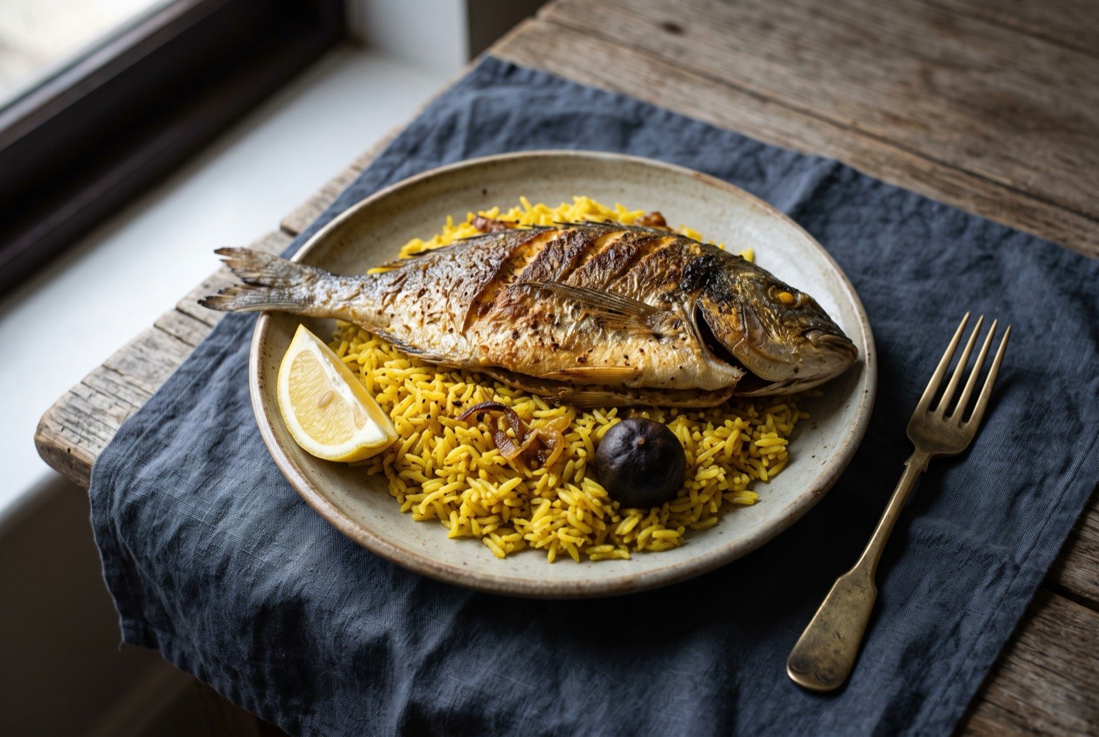 Ruz al mudhroub, rice with fried fish: a shallow mound of saffron-yellow rice studded with a whole dried lime, a whole golden pan-fried fish laid over the top.