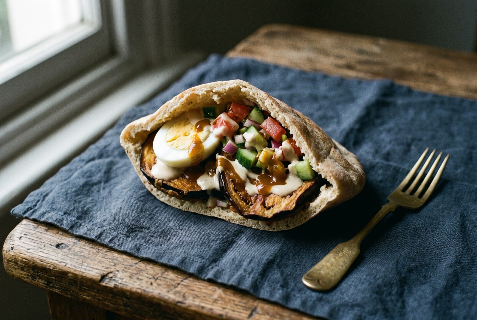 Sabich, Israel's fried aubergine and egg pitta, assembled from a disassembled Iraqi Jewish breakfast: a split pitta bread packed with deep golden fried aubergine slices, a halved boiled egg with a pale yolk, diced tomato and cucumber.