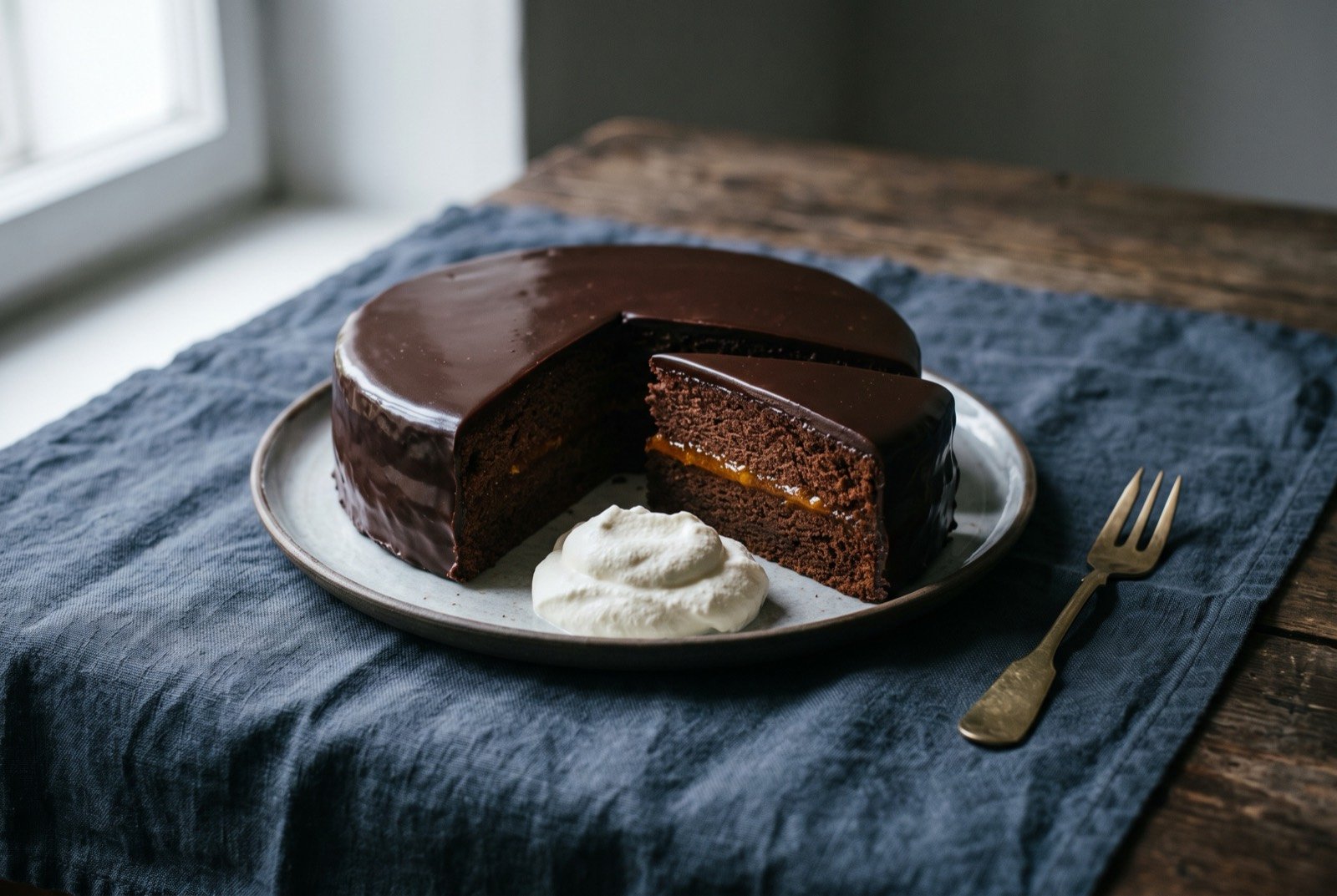 Sachertorte, chocolate apricot glazed torte: a dense dark chocolate cake with a perfectly smooth, glossy dark glaze, one wedge cut away to reveal a thin amber line of apricot jam through the middle of the sponge.