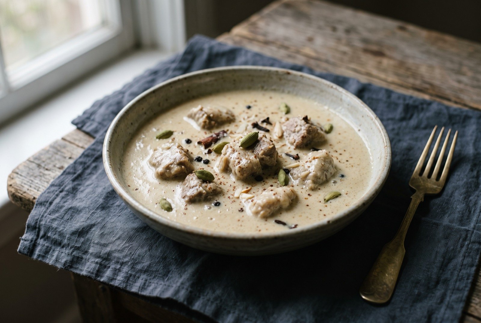 Safed maas, mutton in a pale almond and cashew cream gravy: a shallow bowl of pale ivory mutton curry, chunks of meat suspended in a smooth cream-coloured almond and cashew gravy, whole green cardamom pods visible at the surface.