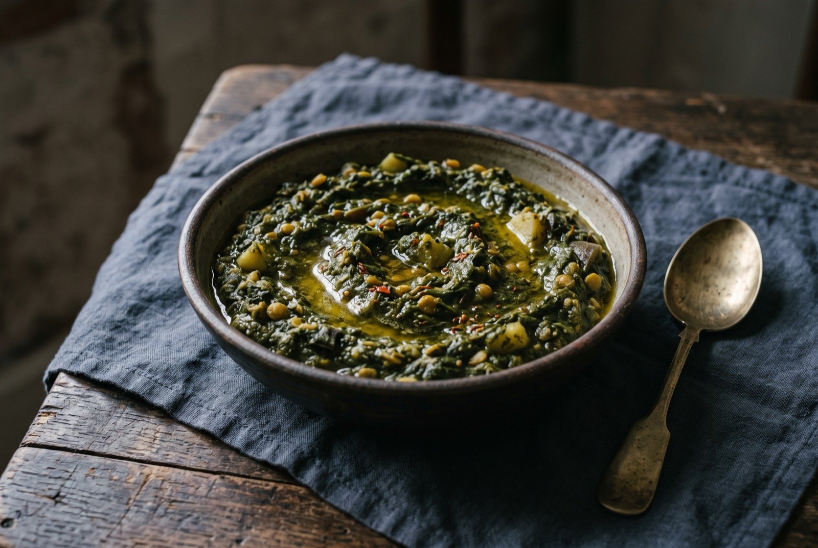 Sai bhaji, a mixed green and lentil mash: a rough dark green mash of spinach, lentils and vegetables in a shallow bowl, glistening with a little oil on the surface.