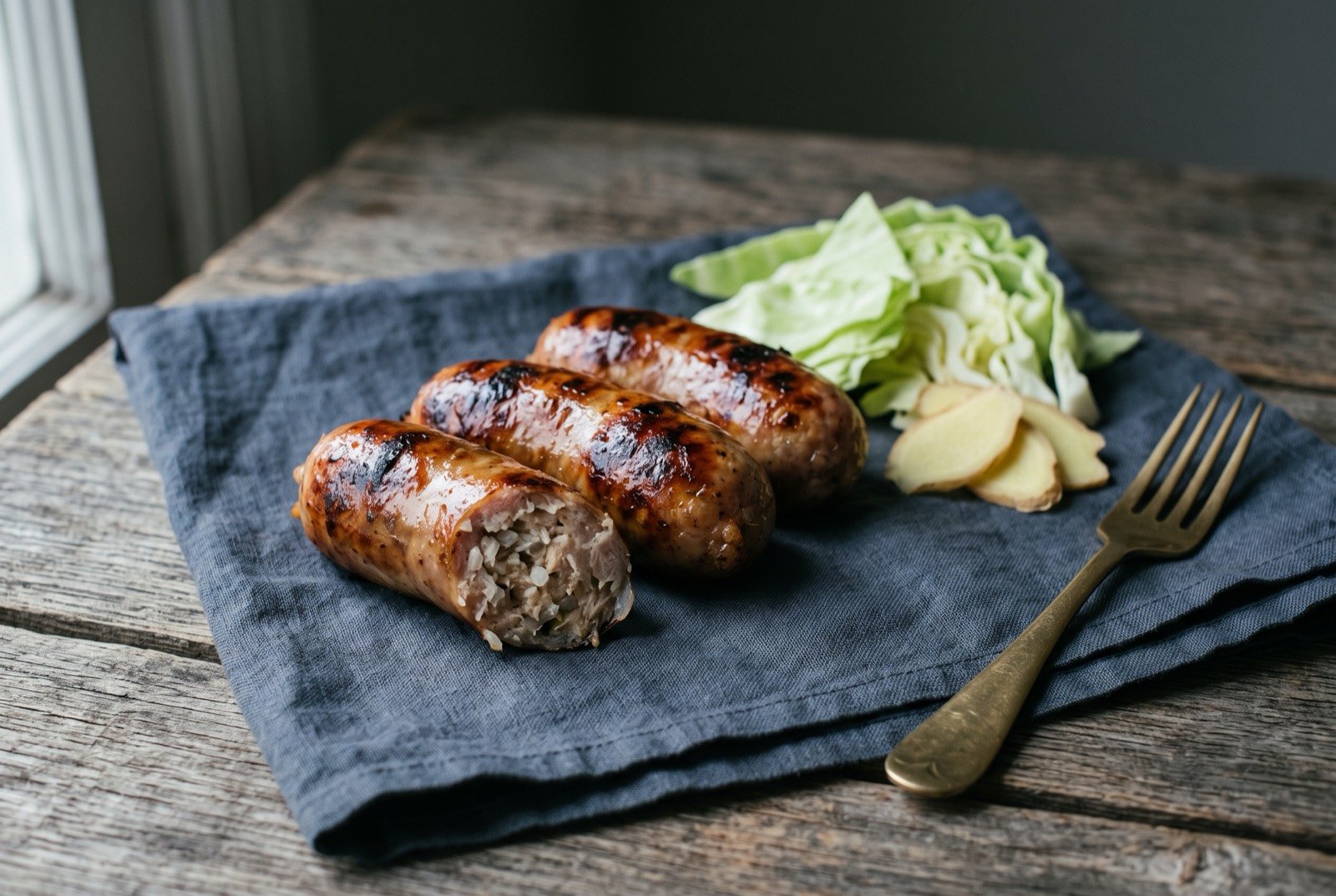Sai krok Isan, fermented pork and sticky rice sausage, grilled: three short plump sausages with a taut, glossy, faintly blistered skin, sliced open at one end to show a pale, coarse pork and rice filling.