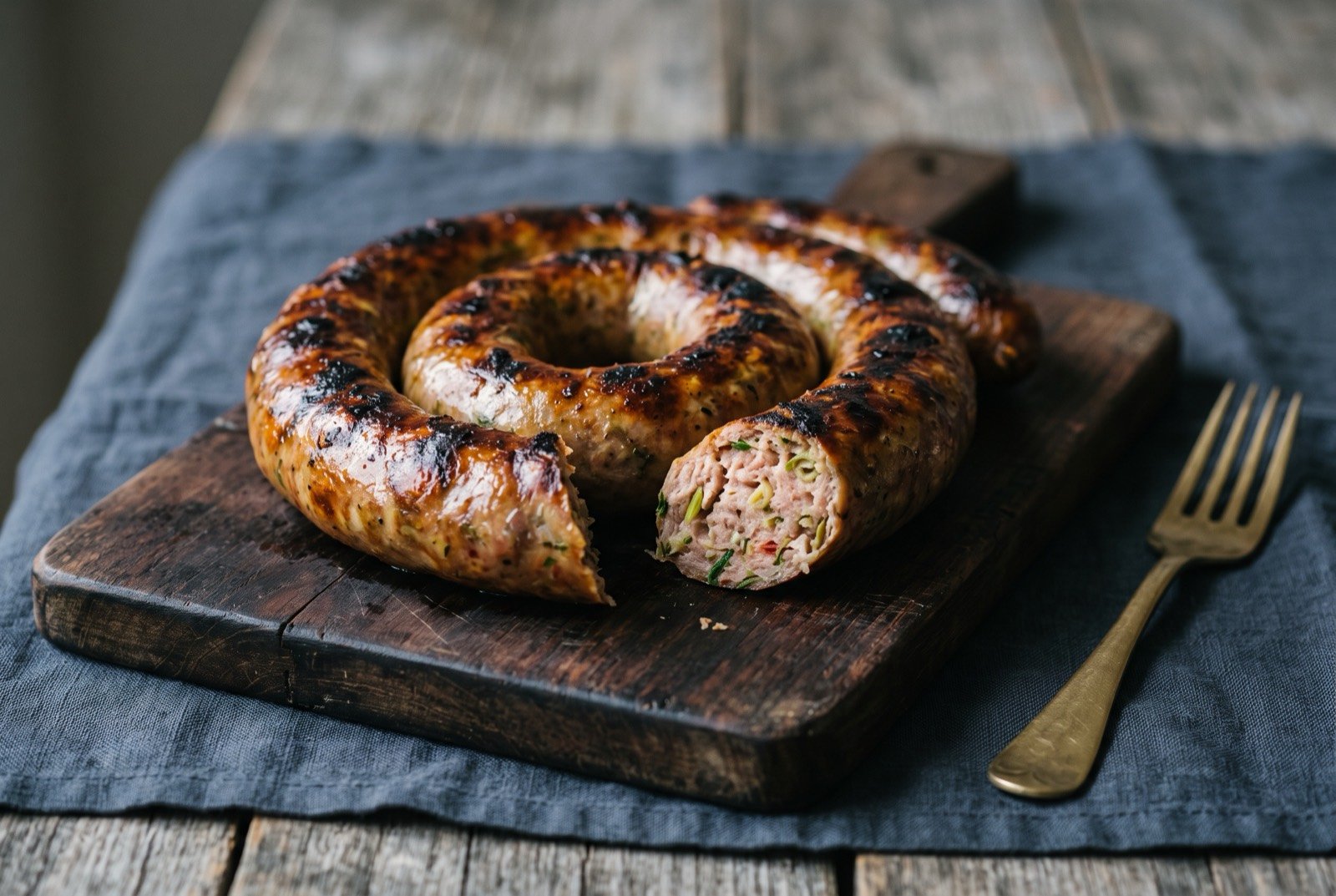 Sai oua, northern Thailand's loosely packed herb sausage, grilled over charcoal and coconut husk: a coiled, charcoal-grilled sausage with a deeply browned, blistered casing, cut through in one place to reveal a loose, herb-flecked pale pink filling studded with lemongrass and kaffir lime zest.