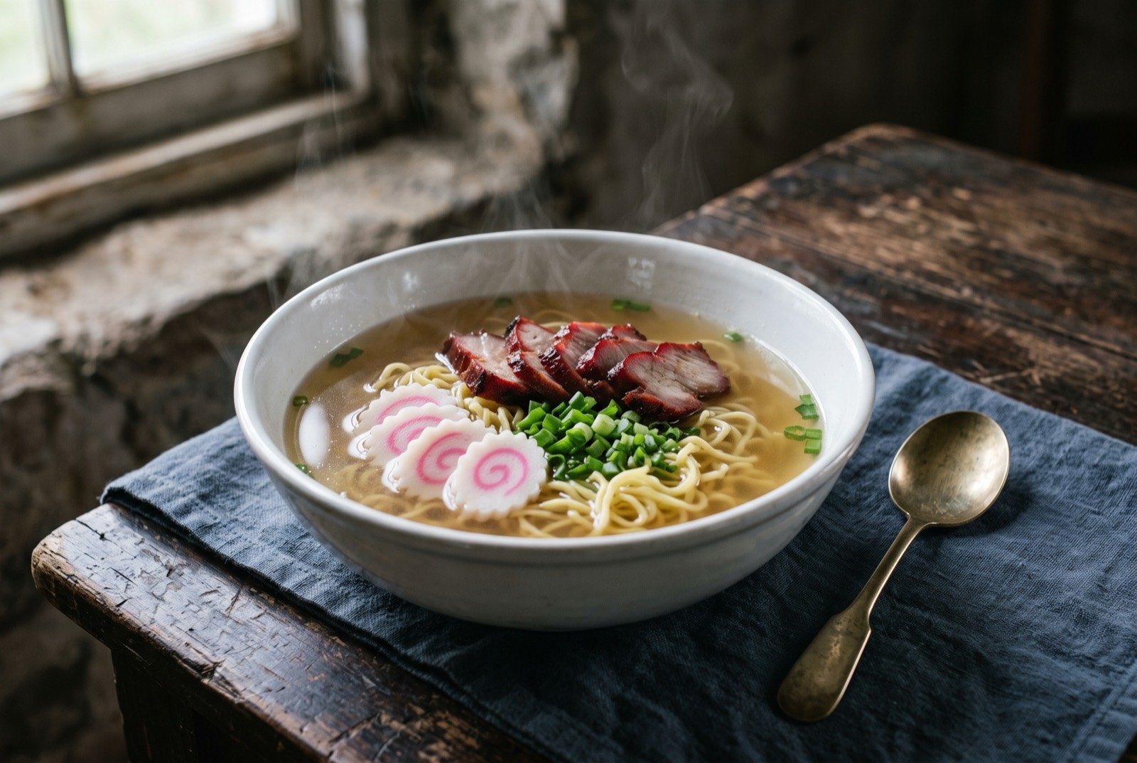 Saimin, clear dashi noodle soup with kamaboko and char siu: a large white bowl of pale golden clear broth with wavy yellow noodles coiled beneath the surface, pink and white swirled kamaboko slices and dark red char siu pork fanned across the top.
