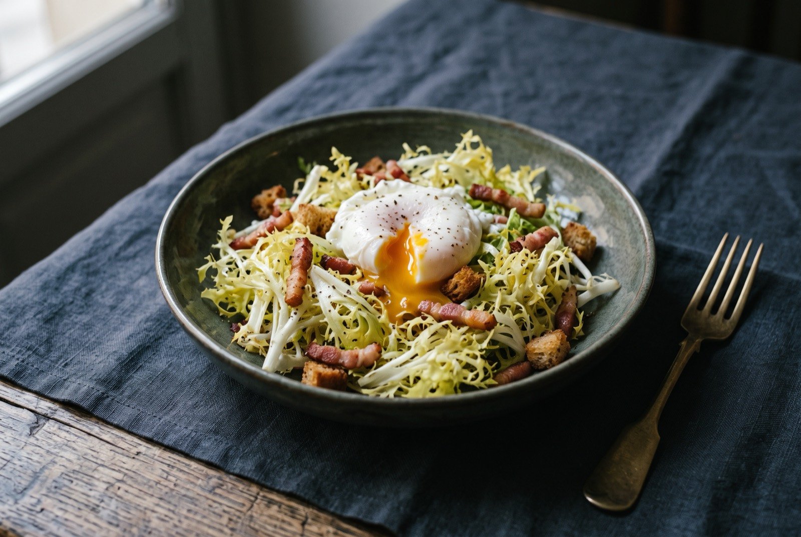 Salade lyonnaise, frisée with warm lardons, croutons and a poached egg: a tangle of pale, curling frisée leaves tossed with small crisp golden lardons and butter fried croutons, a poached egg resting on top with its yolk just visible through the barely set white.