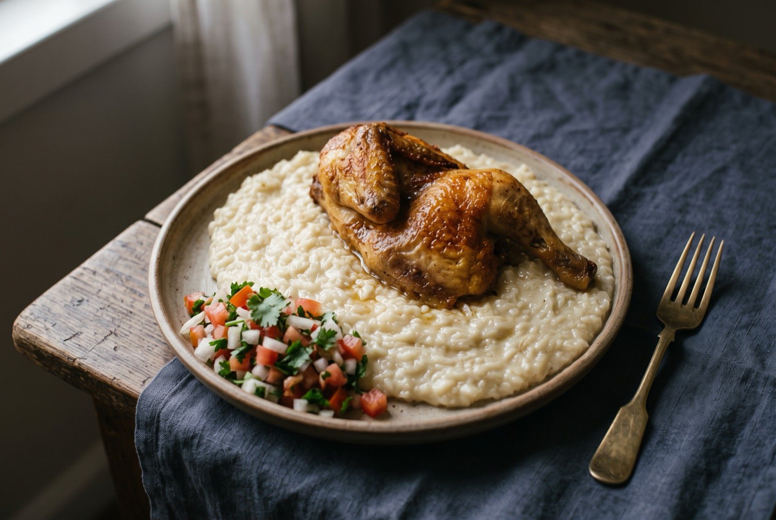 Saleeg, Taif's creamy milk rice with roast chicken: a wide round platter of pale, softly collapsed rice with a milky sheen, a whole roasted chicken piece resting on top with deep golden skin.