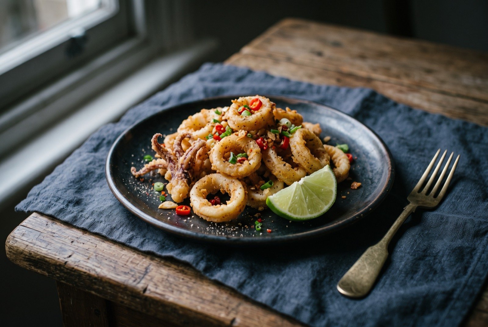 Salt and pepper squid, deep-fried squid tossed with chilli and five-spice salt: golden fried squid rings and tentacles piled on a dark plate, lightly coated and speckled with fine white pepper and reddish five-spice salt.