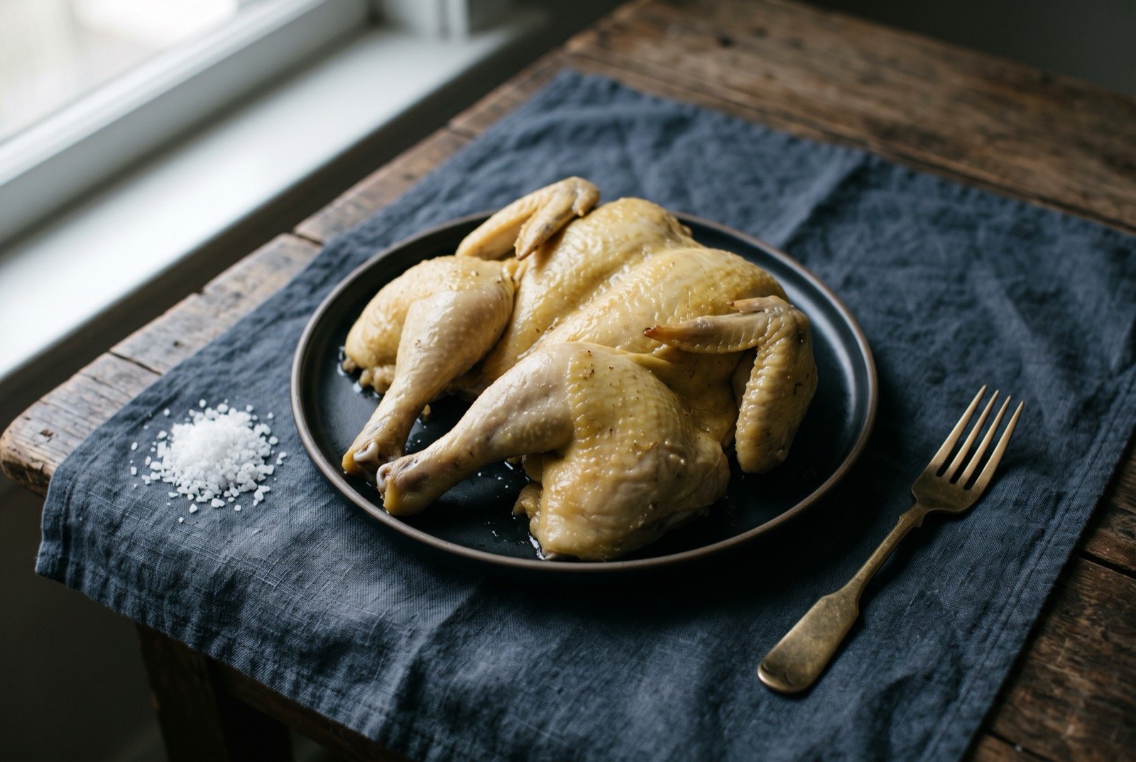 Yim guk gai, Hakka chicken cooked whole inside a mound of heated salt: jointed pale golden chicken pieces arranged on a plate, the skin taut and faintly glistening with rendered fat, a small mound of coarse salt crystals set beside the plate.