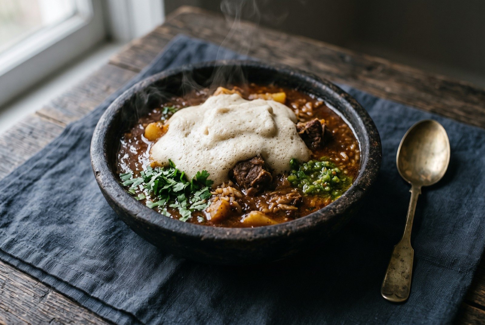 Saltah, Yemen's national stew of maraq, sahawiq and whipped hilbeh: a stone bowl of dark reddish-brown stew studded with lamb, potato and rice, a thick pale frothy layer of whipped fenugreek piled generously on top.