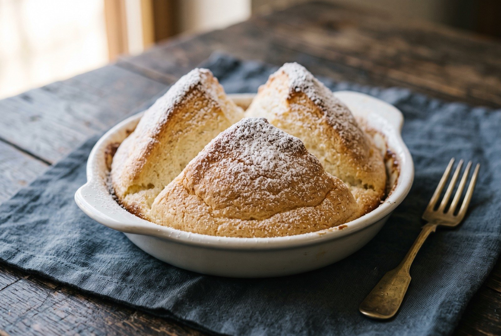 Salzburger Nockerl, a sweet souffléed dumpling: three tall, pale golden souffléed mounds rising steeply from a shallow white gratin dish, dusted heavily with icing sugar.