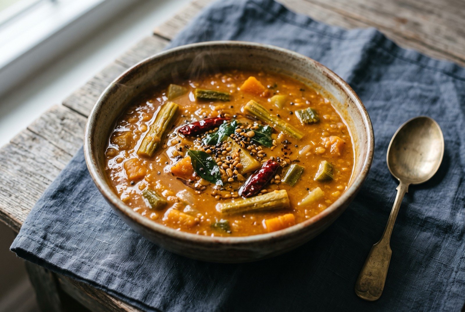 Sambar, a lentil and vegetable tamarind stew: a bowl of thin, orange-brown lentil stew with visible chunks of drumstick and vegetable, a few curry leaves and mustard seeds floating on the surface.