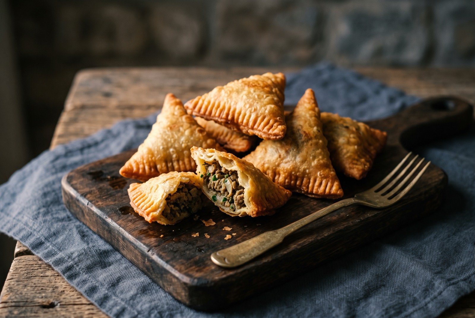 Sambosa, the Ramadan pastry born of pilgrim mixing: a small pile of deep golden triangular fried pastries, crisp ridged edges catching the light, one broken open to show spiced minced meat within.