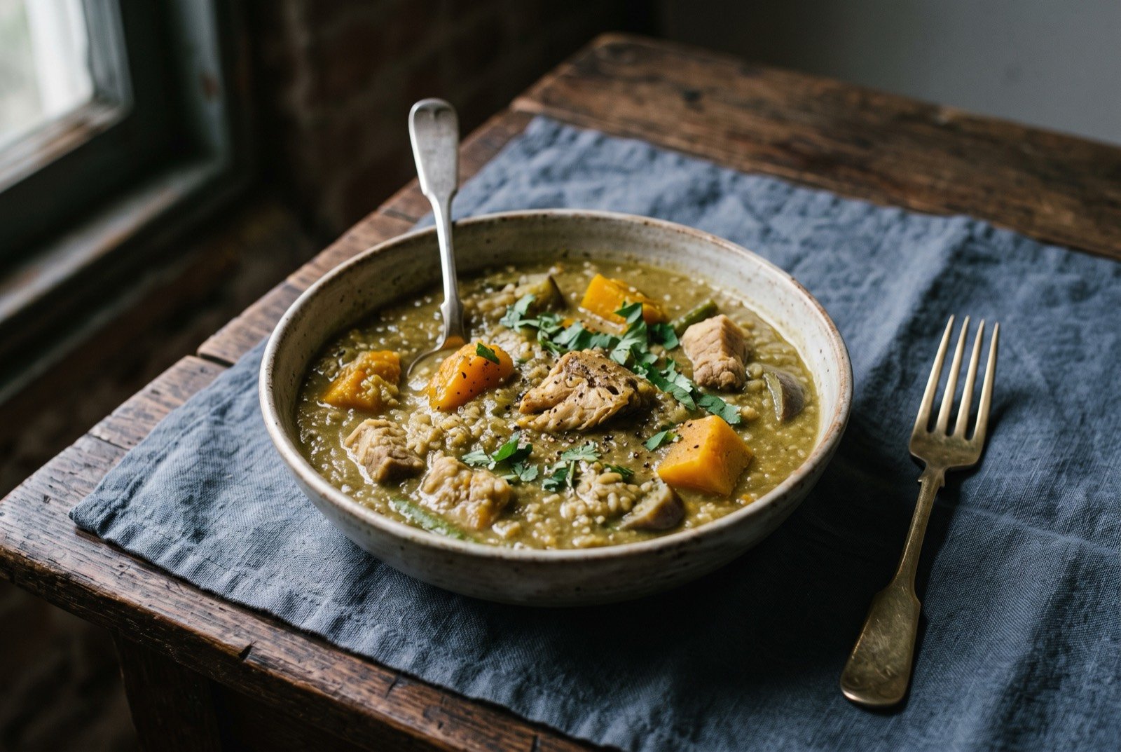 Samlar kako, a thick roasted rice porridge of vegetables, catfish and pork in green kroeung: a wide bowl of a thick, khaki green porridge-like stew, chunks of orange pumpkin, pale catfish flesh and pork visible just beneath its dense.