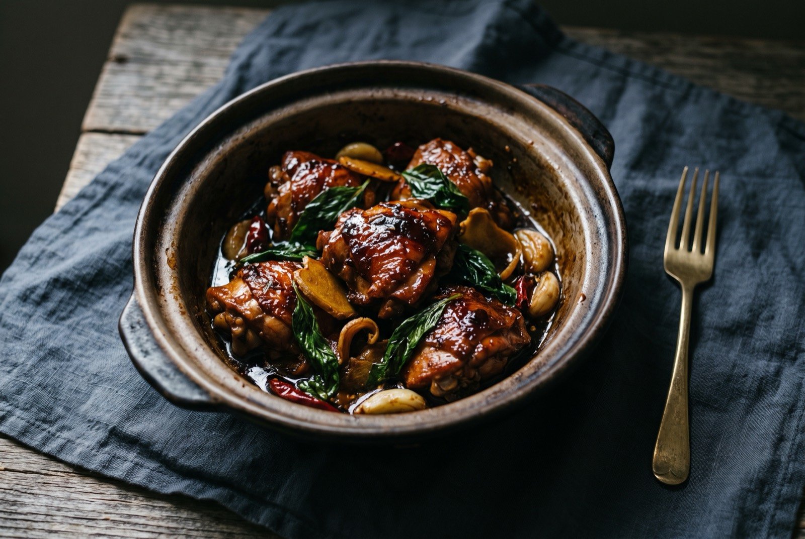 San bei ji, three-cup chicken glazed hard and fast in soy, rice wine and sesame oil: a shallow clay pot of glazed three-cup chicken pieces, dark mahogany sauce clinging thickly to bone-in chicken thighs, wilted dark green basil leaves and curled slices of ginger scattered through.