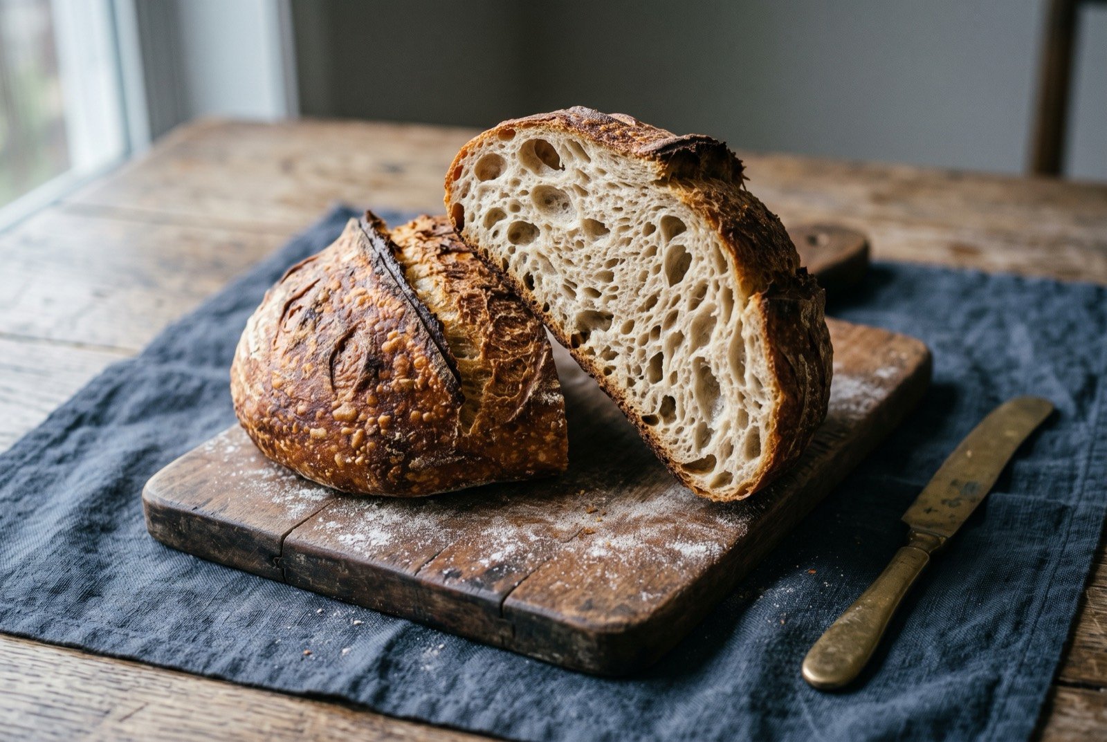 San Francisco sourdough bread, a naturally leavened, tangy crusted loaf: a round, deeply scored sourdough loaf with a dark blistered crust, cut in half to show an open, irregular ivory crumb, resting on a wooden board with a light dusting of flour.