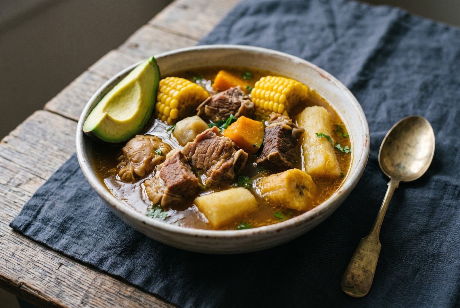 Sancocho, Dominican multi-meat root vegetable stew: a deep bowl of rich amber broth crowded with large pieces of bone in meat, chunks of squash, corn on the cob and plantain.