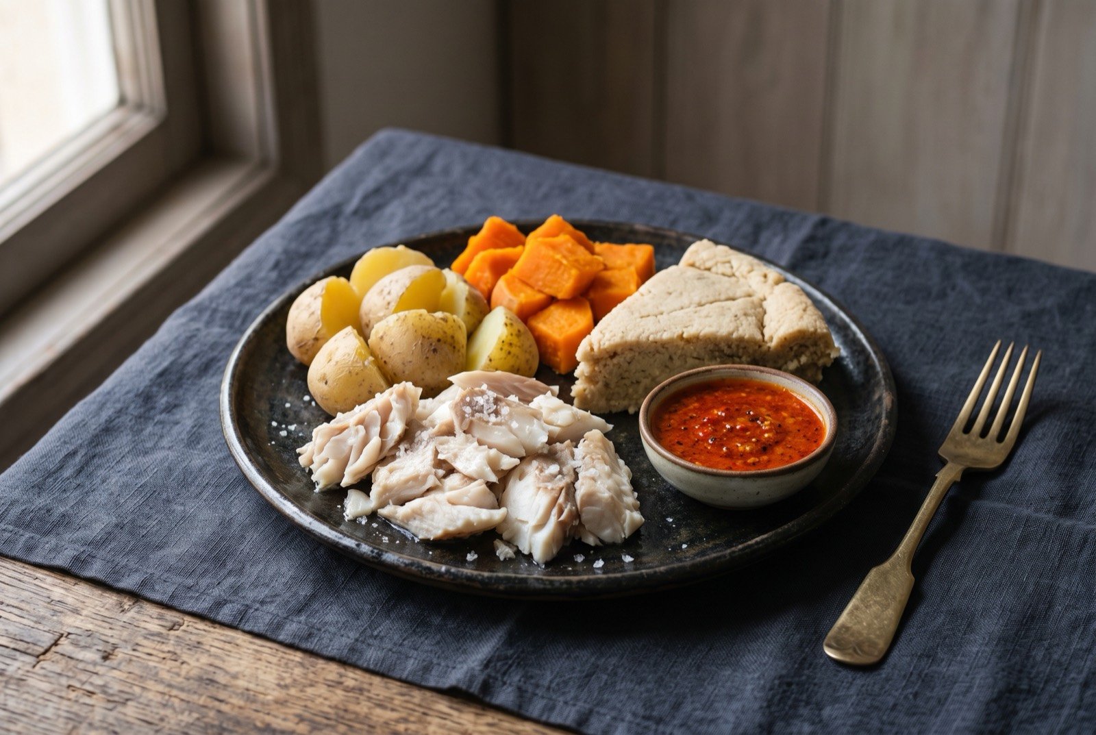 Sancocho canario, salted fish, potato and gofio dough: flaked white fish, boiled potato and orange sweet potato arranged in separate piles on a dark plate, alongside a wedge of dense pale gofio dough cut like an orange segment.