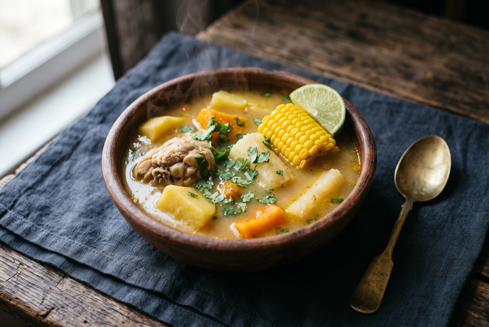 Sancocho de gallina, a hen and root vegetable stew: a deep, rustic clay-toned bowl of pale golden broth studded with chunks of bone-in chicken, creamy yellow yam, orange squash.