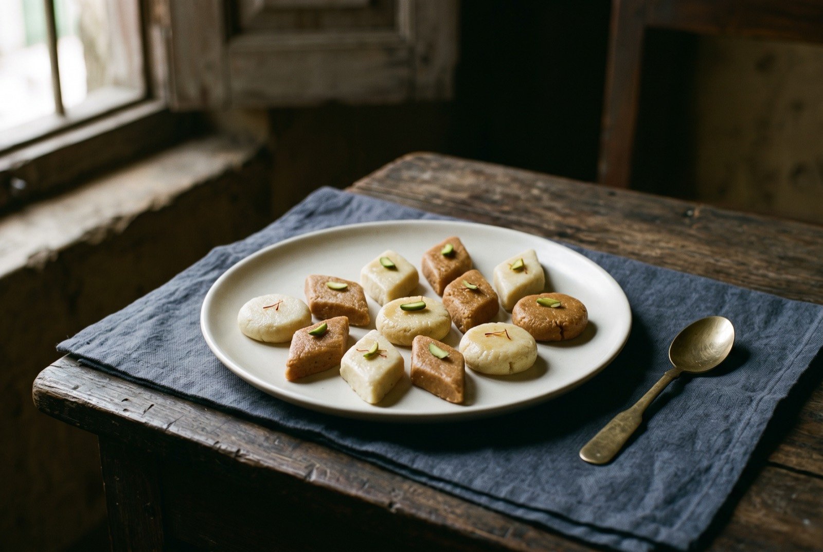 Sandesh, pressed chhena sweetened with sugar or winter date jaggery: small pale ivory and light caramel brown diamond and disc shaped pieces of pressed sweet cheese, some finished with a sliver of pistachio.