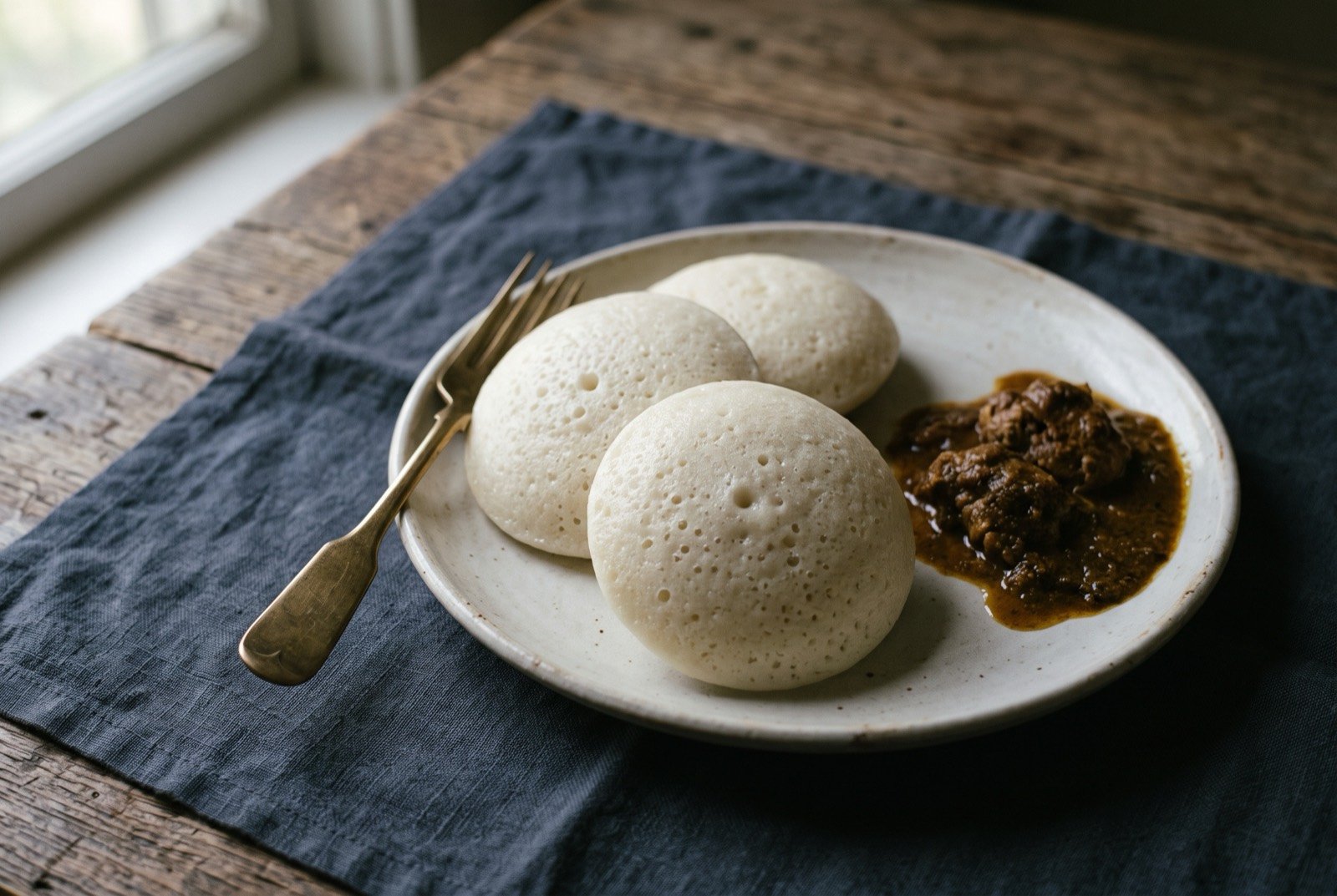 Sannas, pale steamed rice cakes, spongy and domed: two or three pale white, softly domed, spongy steamed rice cakes on a plain plate, their surface faintly pitted with small fermentation bubbles.