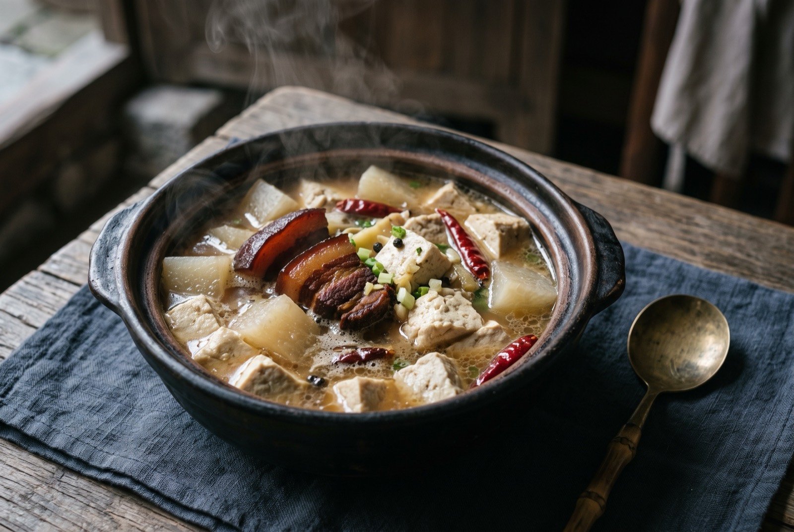 Sanxiaguo, Tujia smoked pork, tofu and radish combined in one pot: a rustic dark clay pot holding pieces of smoked bacon with a deep mahogany rind, pale cubes of tofu and translucent white radish chunks in a light brown broth.
