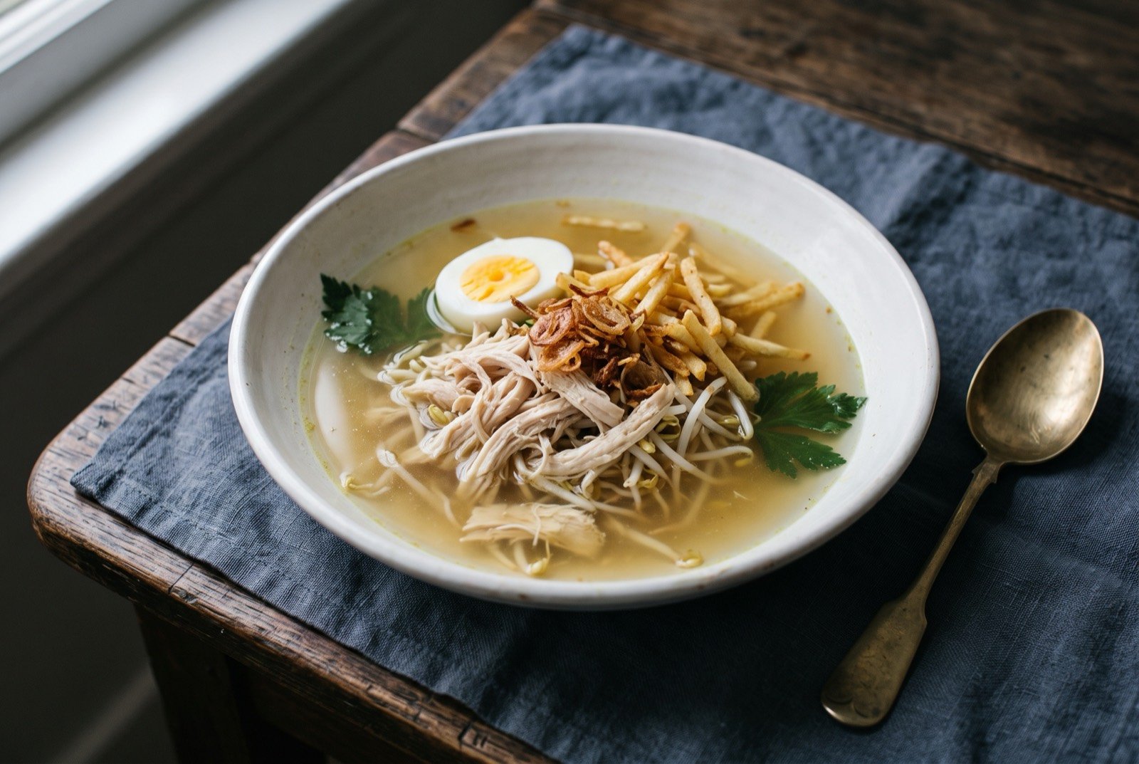 Saoto soup, a Javanese Surinamese chicken broth: a wide white bowl of clear pale gold broth, shredded chicken and bean sprouts arranged in a loose pile at the centre, a halved boiled egg and a scattering of crisp fried potato sticks and fried onions on top.