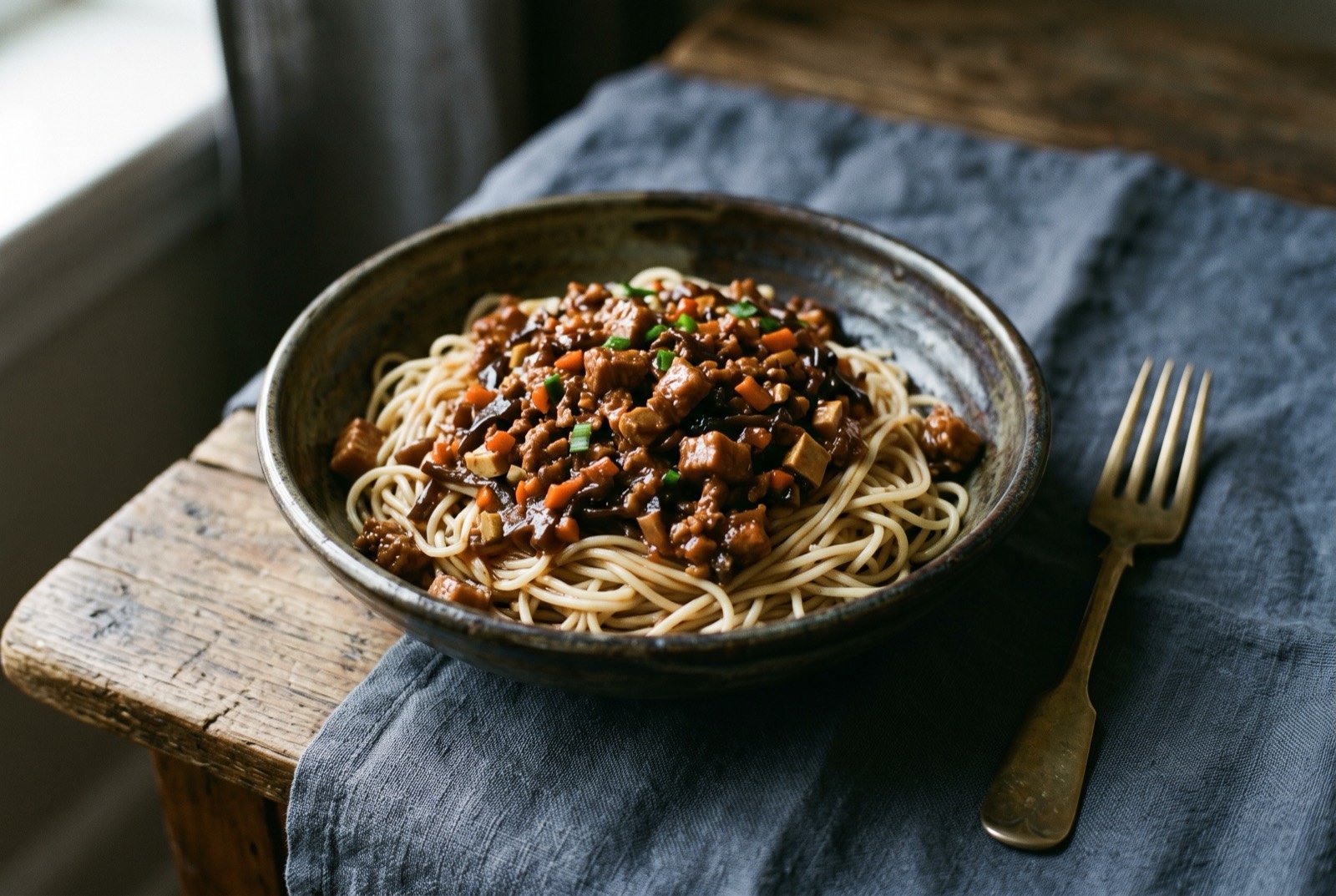 Saozi noodles, thin noodles topped with a minced meat sauce: a bowl of thin wheat noodles beneath a dark, glossy, vinegar-sharp minced pork topping flecked with diced carrot and wood ear mushroom.