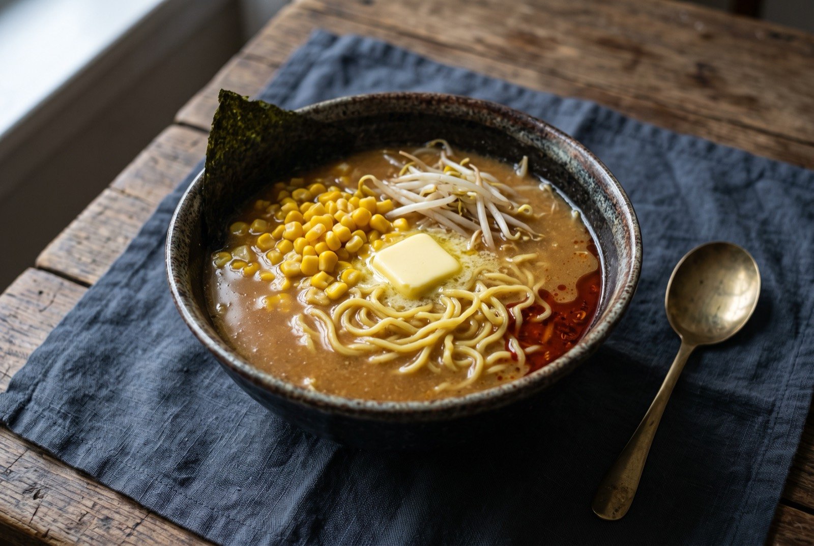 Sapporo miso ramen: a deep ceramic bowl of cloudy amber miso broth, curly yellow noodles coiled beneath the surface, a small golden pat of butter melting slowly on top.