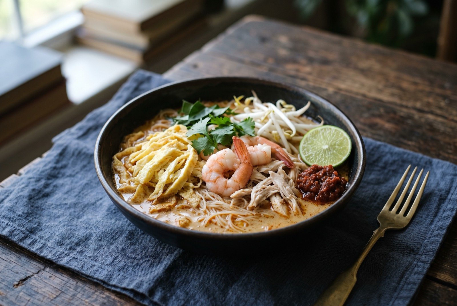 Sarawak laksa: a bowl of pale orange-red broth over fine rice vermicelli, topped with shredded pale omelette, pink prawns, shredded chicken and bean sprouts.