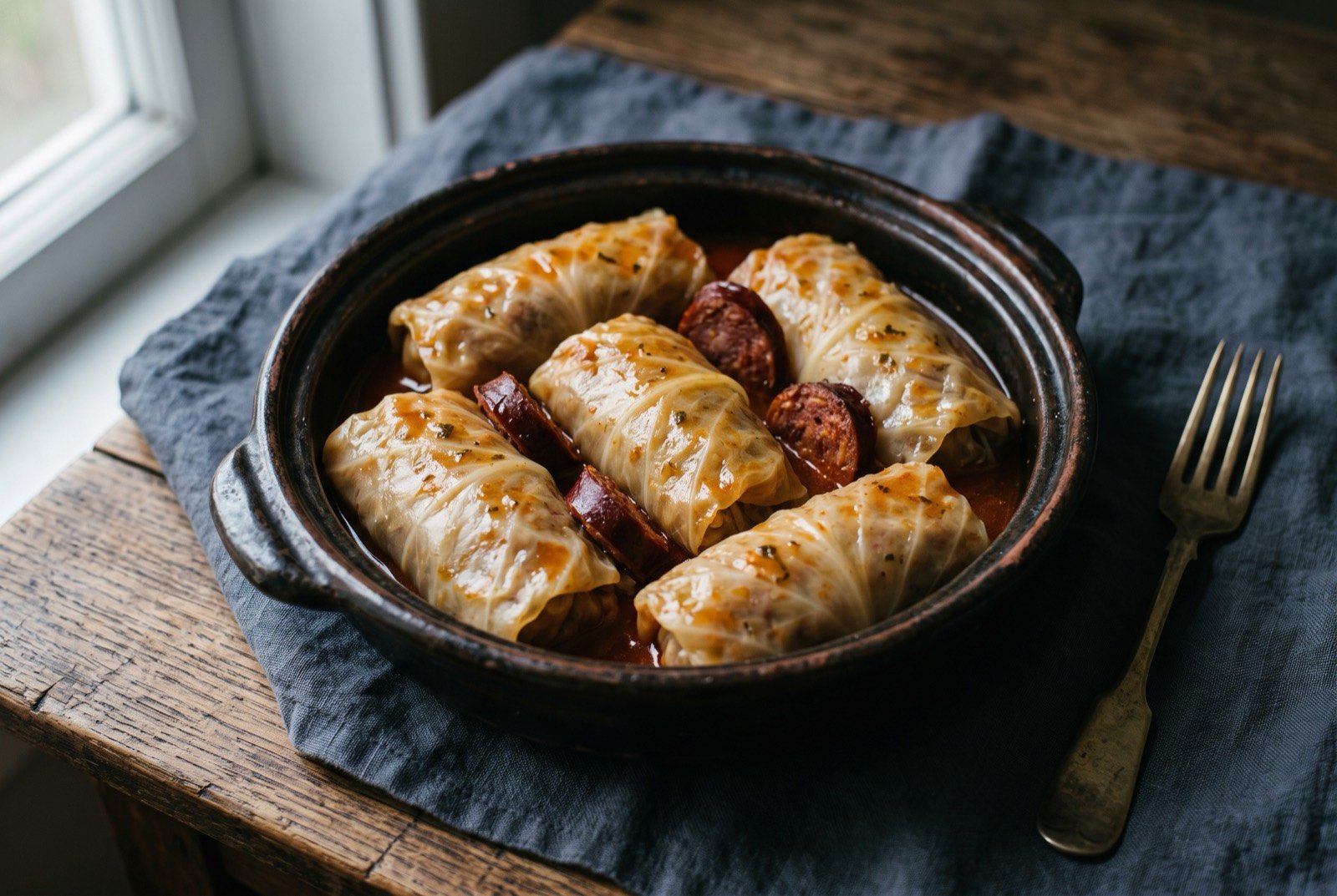 Sarma, stuffed sour cabbage rolls: four or five tightly rolled pale, translucent-edged cabbage parcels arranged close together in a dark shallow pot, their surfaces glistening with a thin reddish paprika-tinted broth.