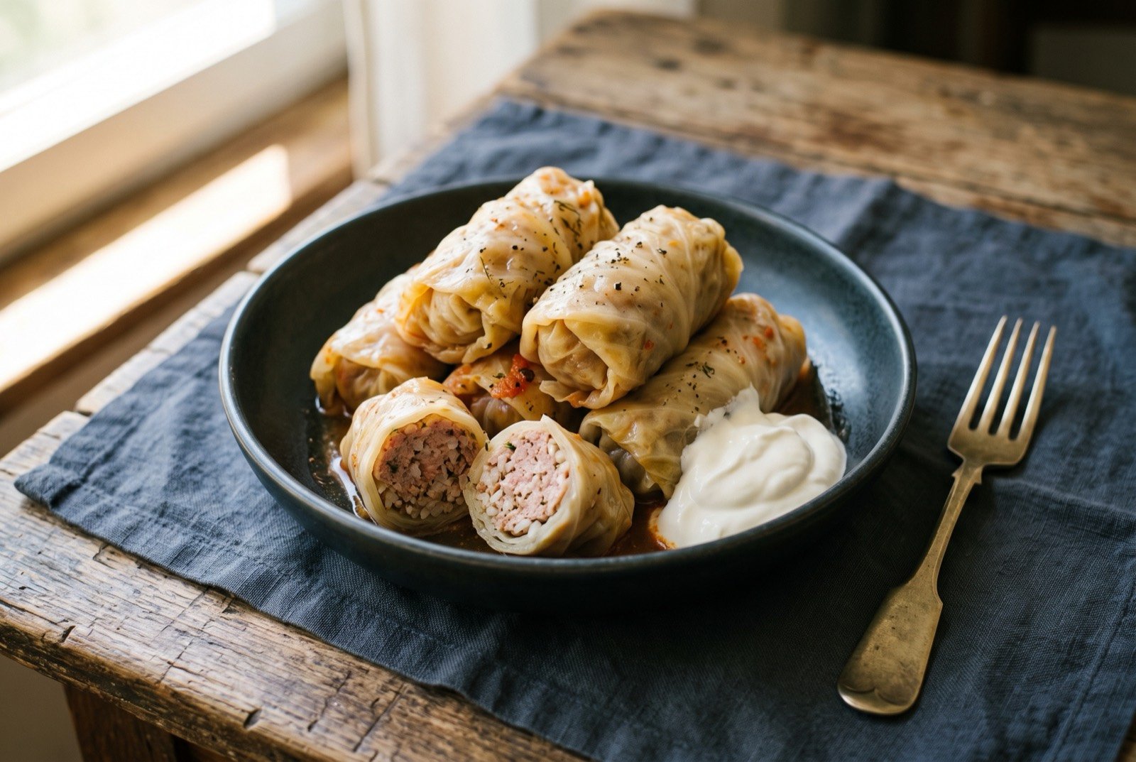 Sarmale, Romanian stuffed cabbage rolls with pork and rice: several small tightly rolled parcels of pale soured cabbage leaf stacked in a dark shallow dish, one roll cut through to show the pink minced pork and rice filling inside.