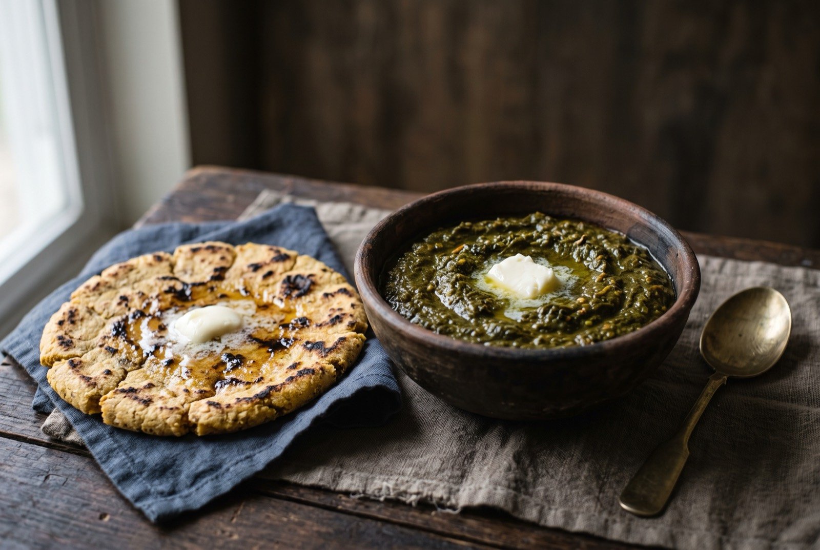Sarson da saag with makki di roti, mustard greens and a maize flatbread: a coarse, deep olive-green mashed mustard and spinach puree in a rustic clay bowl, a generous knob of white butter melting into a small pool at its centre.