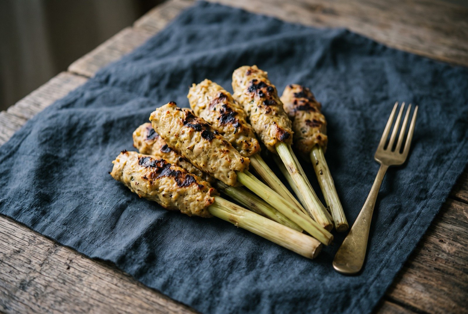 Sate lilit, minced spiced meat moulded onto lemongrass: several skewers of pale golden minced meat and coconut moulded thickly around thick lemongrass stalks, grilled to a light char in patches.