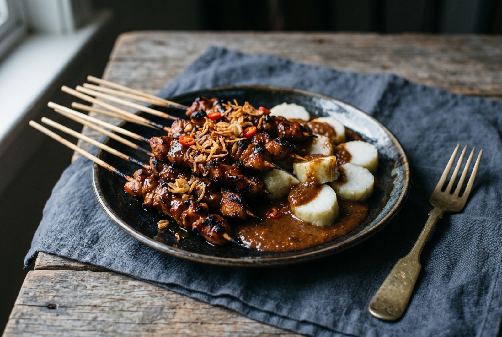 Sate Madura, small skewers of grilled chicken double-basted in a dark peanut sauce, with cut lontong: a row of thin bamboo skewers threaded with small pieces of glossy, dark-basted grilled chicken, laid across a plate beside sliced compressed lontong rice cake.