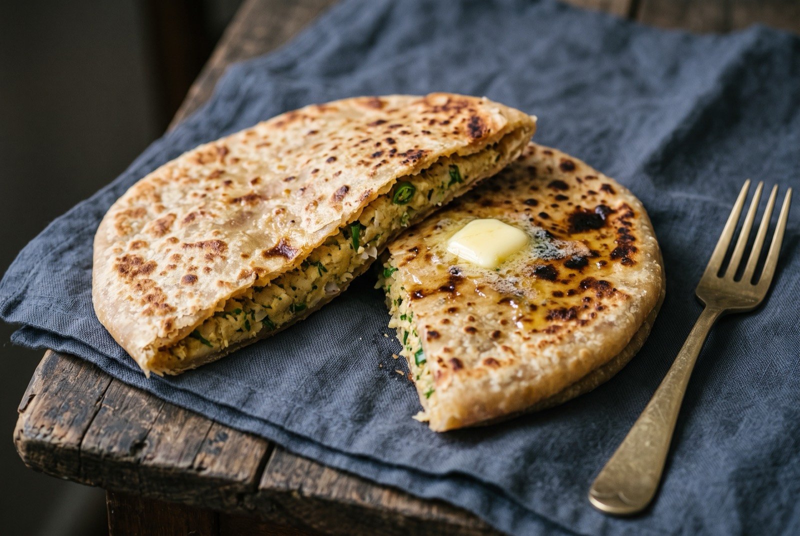 Sattu paratha, Bihar's roasted gram flour stuffed flatbread: a golden brown, lightly charred flatbread cut in half to reveal a moist, flecked pale filling studded with green chilli and coriander.