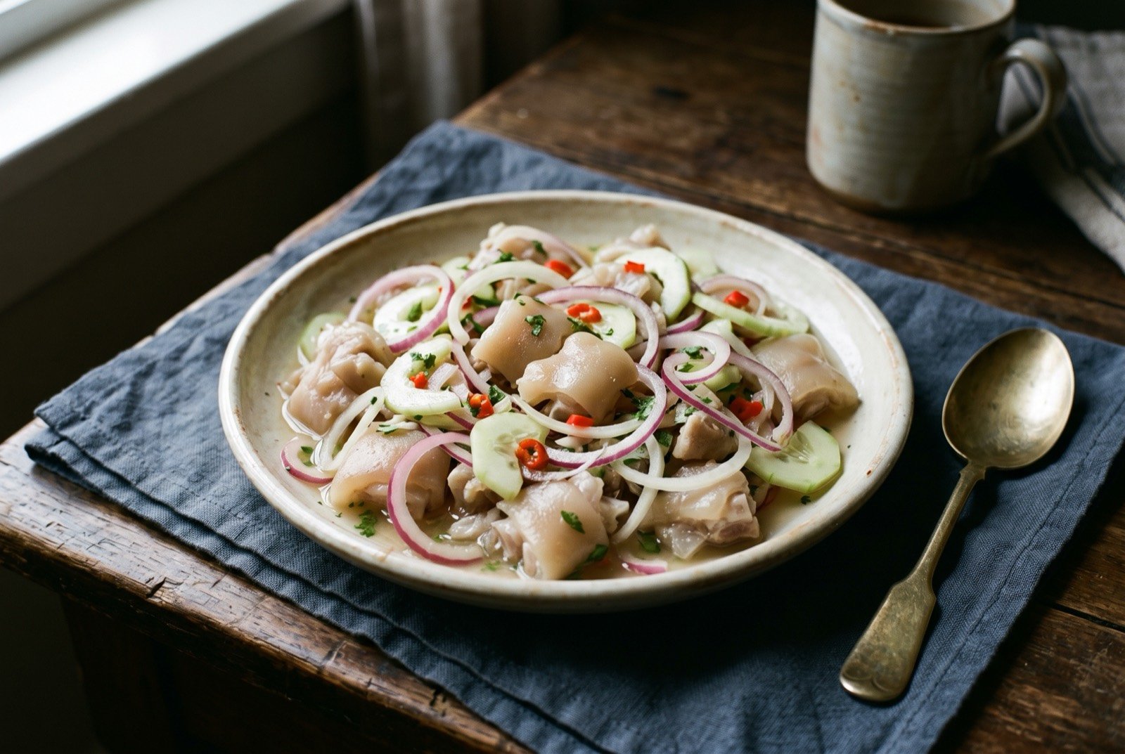Saus, pickled pig's trotter: pale, cold pieces of gelatinous trotter meat in a shallow dish, tossed with thin rings of red and white onion, pale green cucumber slices and flecks of red ají chombo.
