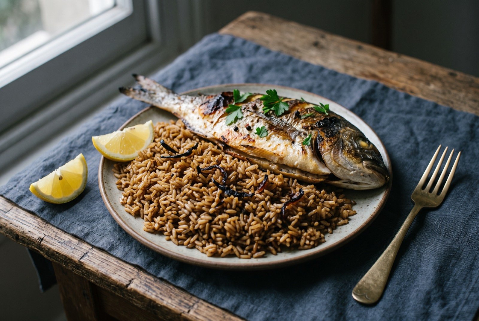 Sayadeya: A mound of short grain rice stained deep tobacco brown by scorched onion and flecked with near black onion fragments, with a whole white fish laid over the top.
