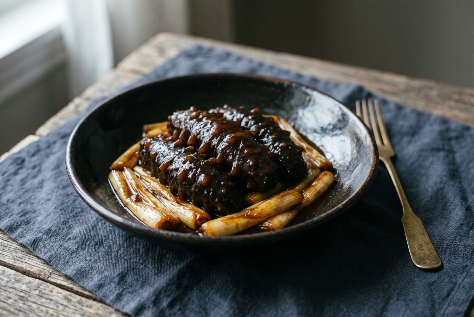 Scallion-braised sea cucumber: a dark, glossy shallow bowl holding a few large, dark braised sea cucumbers in a thick reduced brown sauce, laid over a bed of deep golden braised scallion whites.
