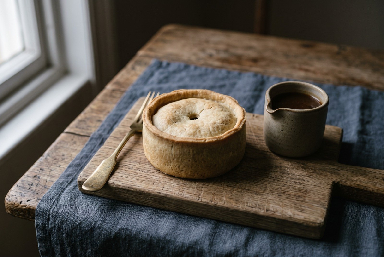 Scotch pie: a single small round pie with a pale golden hot water crust, steep straight sides and a recessed lid, sitting upright on a wooden board.