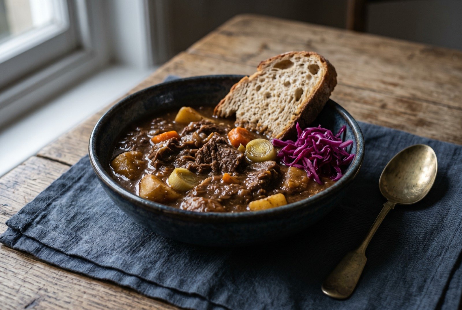 Scouse, Liverpool beef and root vegetable stew: a deep earthenware bowl of dark brown stew thick with tender beef and broken down potato, chunks of carrot and pale rounds of leek visible beneath the surface.