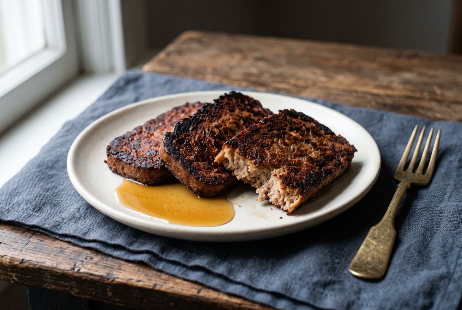 Scrapple, Pennsylvania Dutch pan fried pork loaf: three thick slices of dark reddish brown scrapple, deeply crisped and blistered black at the edges from the pan, a paler soft interior just visible where one slice has broken.