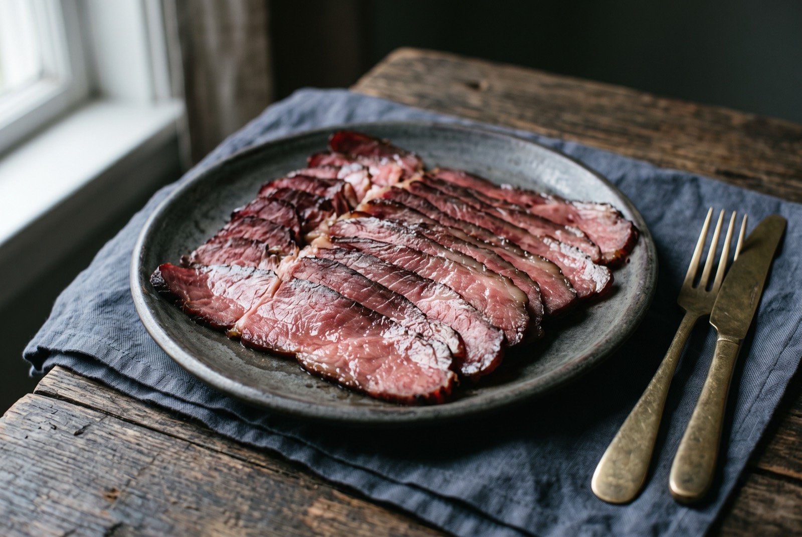 Se'i sapi, thin-sliced smoked beef from Rote Island and West Timor: thin slices of deep red smoked beef fanned across a dark plate, their surface glossy and faintly pink rather than browned.