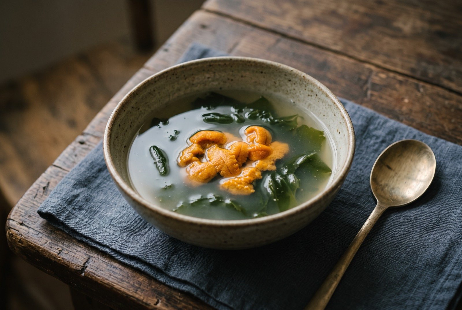 Seonggeguk, sea urchin and seaweed soup: a clear pale broth in a simple bowl, soft dark green seaweed fronds submerged beneath the surface, small vivid orange-gold clusters of sea urchin roe floating just below the waterline.