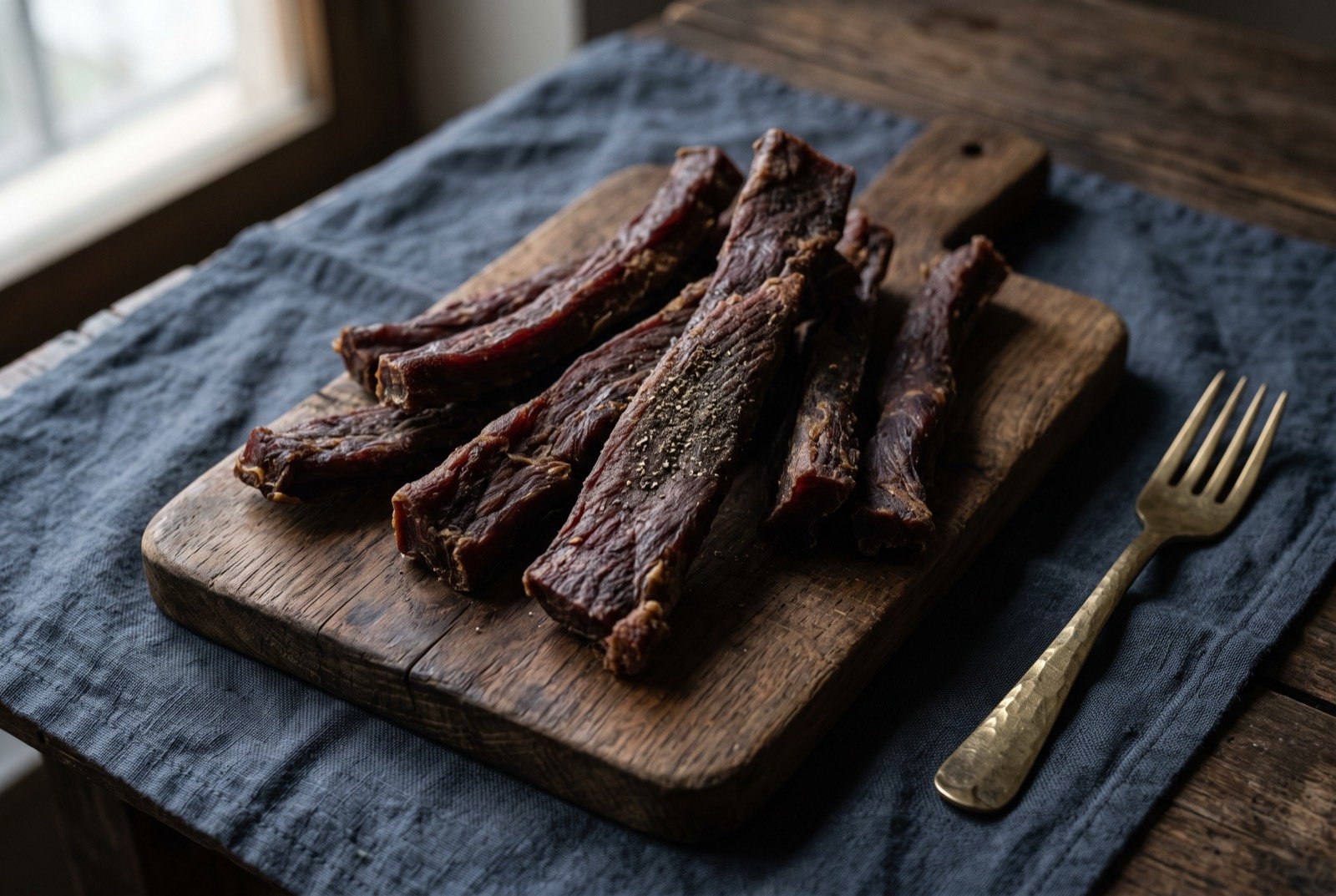 Sha kampo, wind-dried yak jerky: several dark reddish brown strips of wind-dried meat, thumb-thick and firm, laid across a plain wooden board, a faint dusting of black pepper visible on one strip.