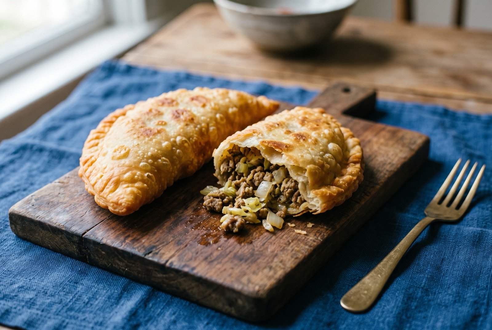 Shabhaleb, fried meat pastry eaten for breakfast in central Tibet: two golden, deeply fried semi-circular pastries, one split open to show a filling of seasoned minced meat and shredded cabbage.