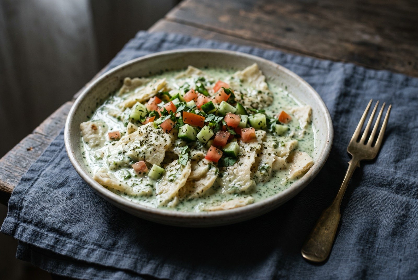 Shafoot, Yemen's cold torn flatbread soaked in blended buttermilk: a wide shallow dish of torn pale flatbread soaked in a pale green herbed buttermilk sauce, small dice of cucumber and tomato scattered across the top.