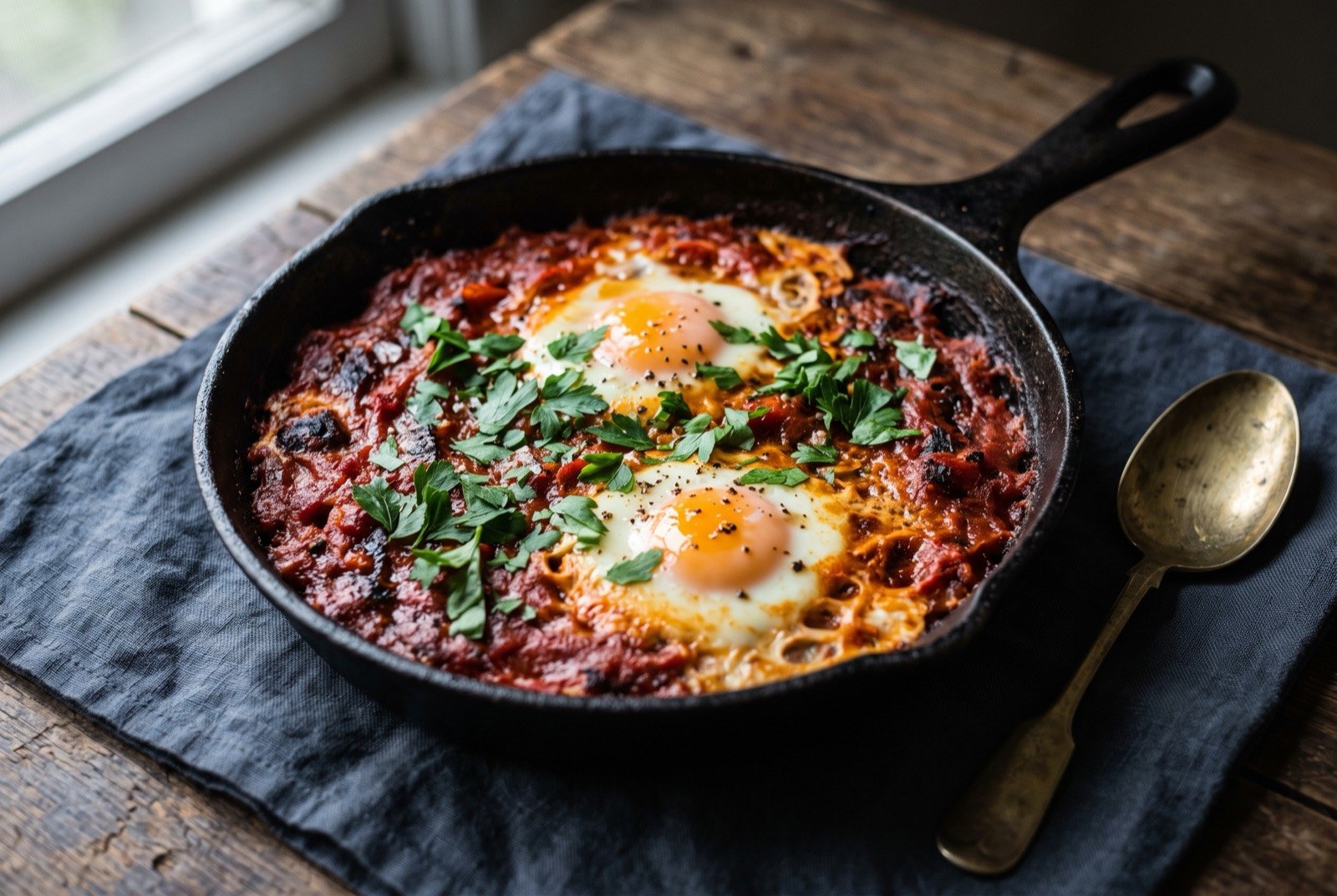 Shakshuka, Israel's eggs poached in a spiced tomato and pepper sauce: a blackened individual skillet holding a thick red pepper and tomato sauce, two eggs nestled in shallow wells with soft-set yolks.